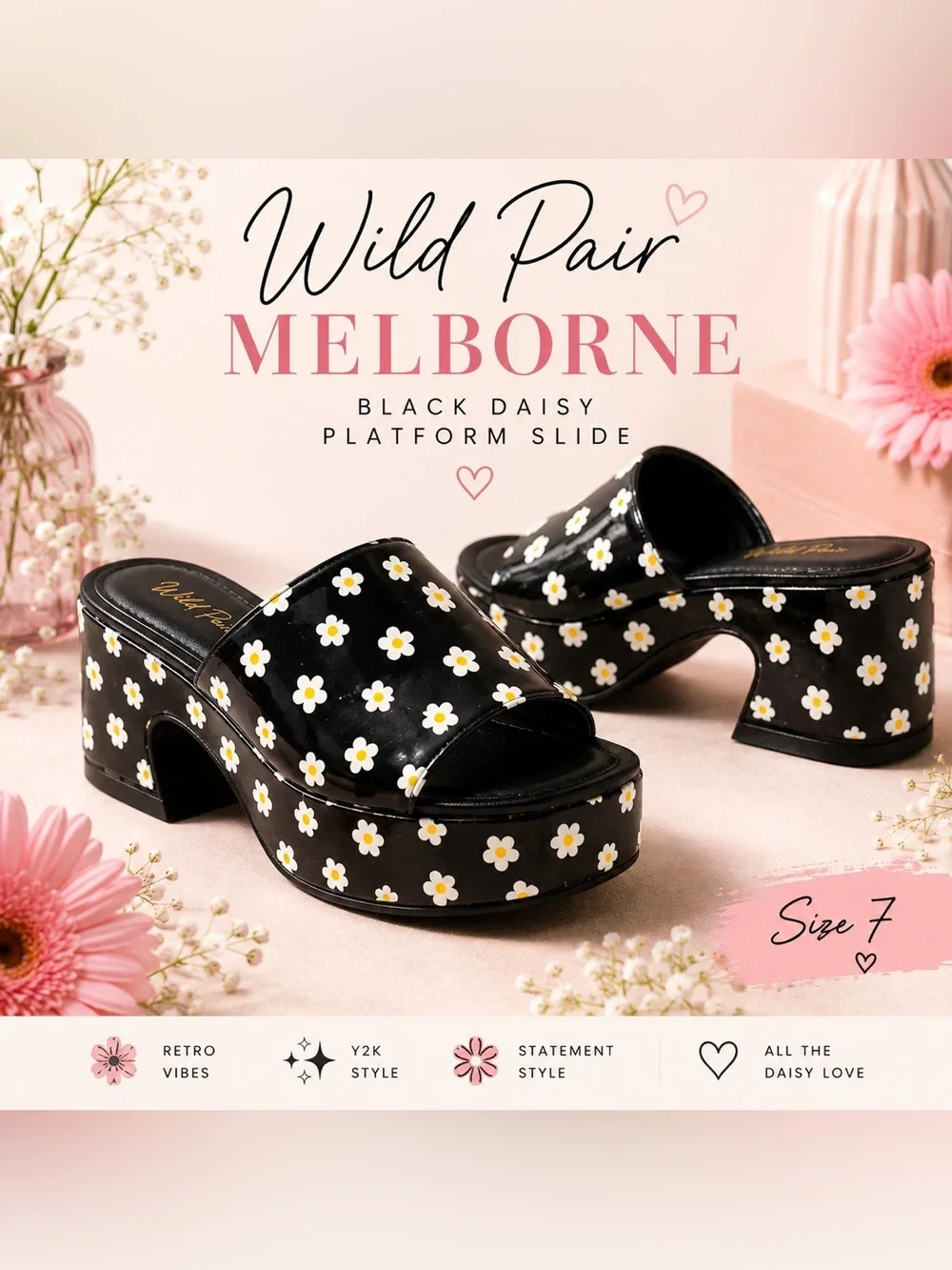 Wild Pair Melborne Black Daisy Patent Platform Slide Sandals Size 7 | Retro Y2K